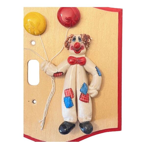 VTG Wood Single LIGHT FLIP SWITCH COVER Ceramic Dough Circus Clown Balloons 6" - Picture 2 of 4